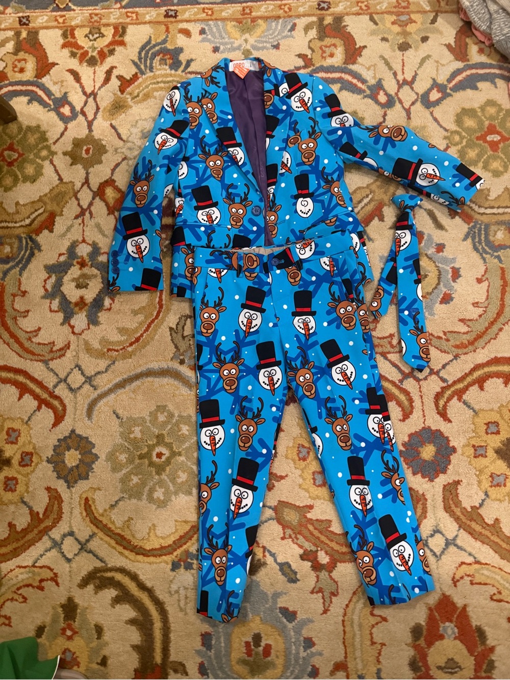 OppoSuits Bright Blue Kids Holiday Jumpsuit with Snowmen & Reindeer Print